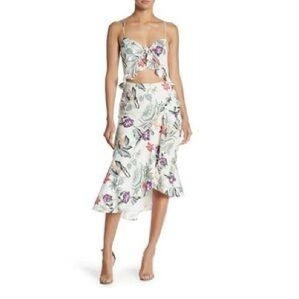 WAYF Floral Print Midi‎ Dress Tie-Front Cutout Back Tropical White M